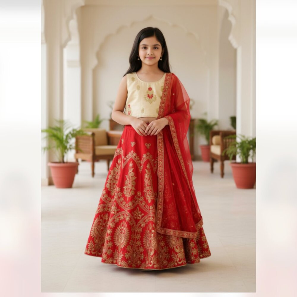 Readymade Girls Lehenga Choli 3 PCS Set Ready To Wear Ethnic SZ-5/6 Red